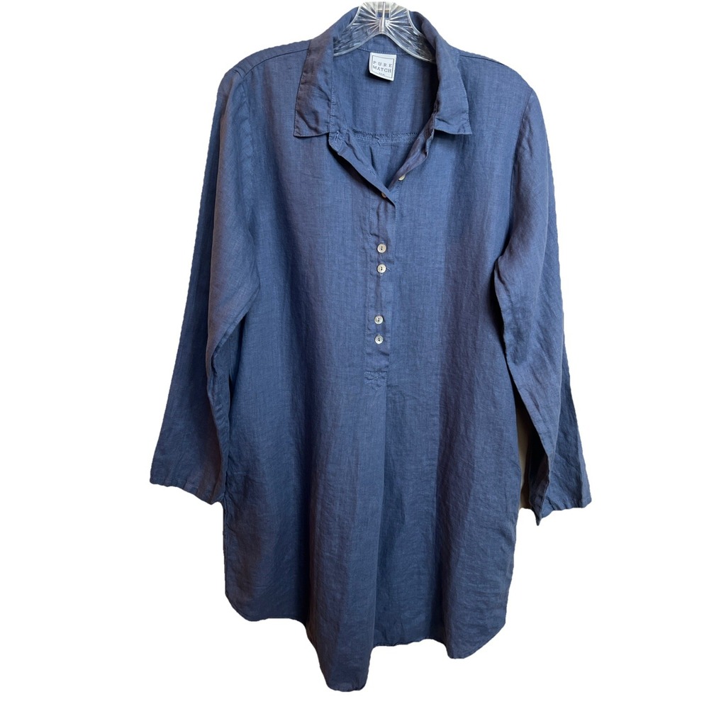 Pure Match Dress Women Blue Linen‎ Long Sleeve Tunic Blouse Lagenlook Size M